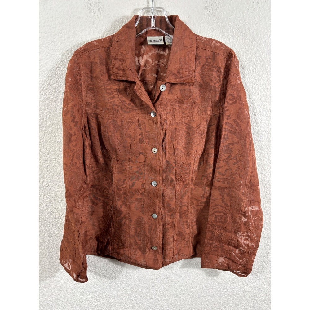 Chicos Womens Lot of 3 Tops Size 0 Linen Ikat Jacket Sequin Tunic Brown Blouse - Picture 14 of 16